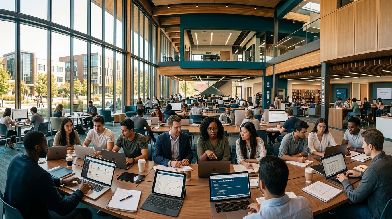 Ambitious students and working professionals studying collaboratively in a modern university learning hub